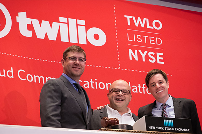 Twilio CEO Jeff Lawson and team members pose at the New York Stock Exchange after ringing the opening bell.