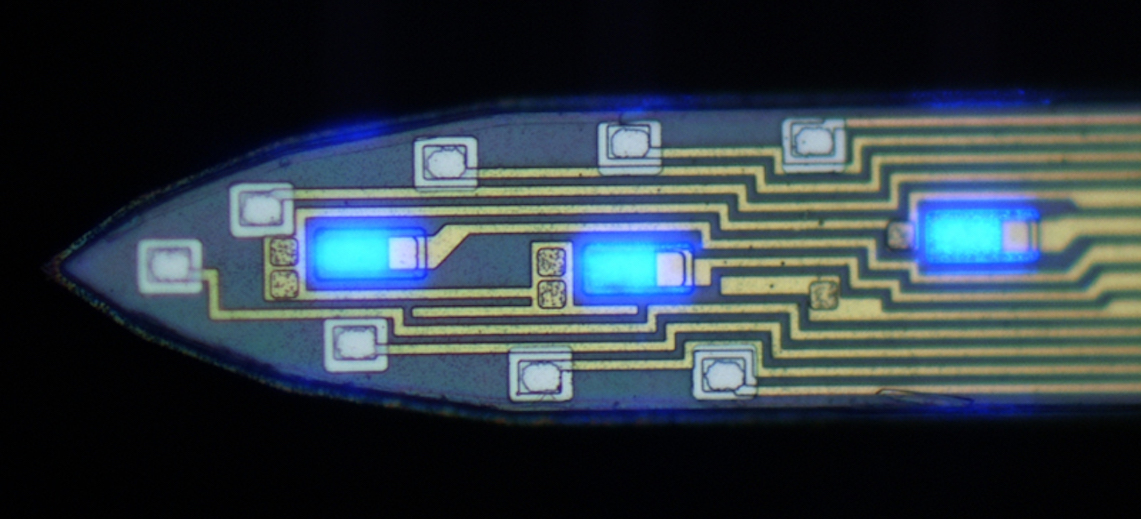 Tine of a probe that has minuscule LED lights and electrodes