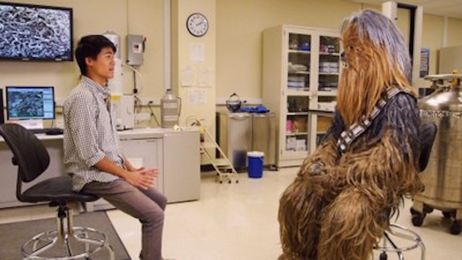 Timothy Chan, senior, talks with Chewie about instantly freezing a person like Darth Vader did to Han Solo.