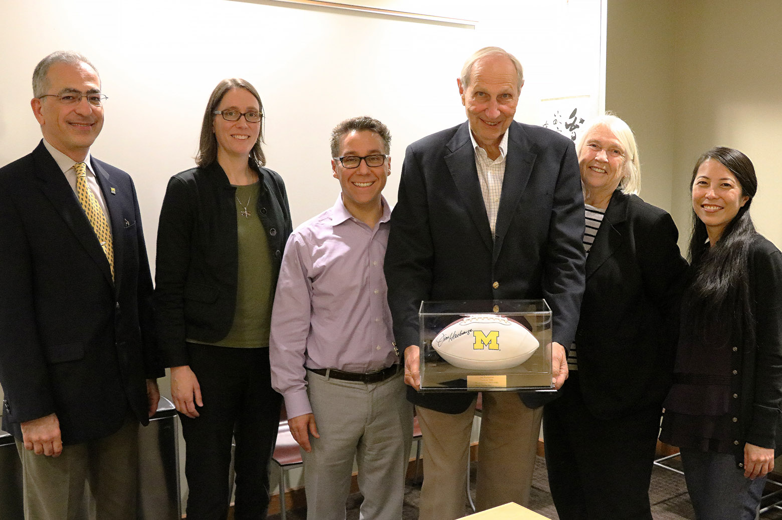 Peter and Evelyn Fuss visited campus for Homecoming in 2016. From left: Khalil Najafi (Peter and Evelyn Fuss Endowed Chair of ECE), Prof. Becky Peterson, Prof. Tony Grbic, Peter Fuss, Evelyn Fuss, Prof. Somin Eunice Lee.