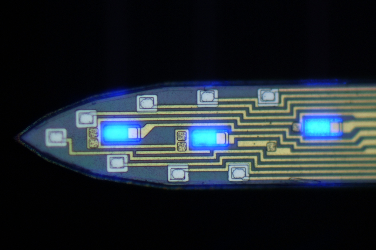 microcircuitry with blue lights and electrodes
