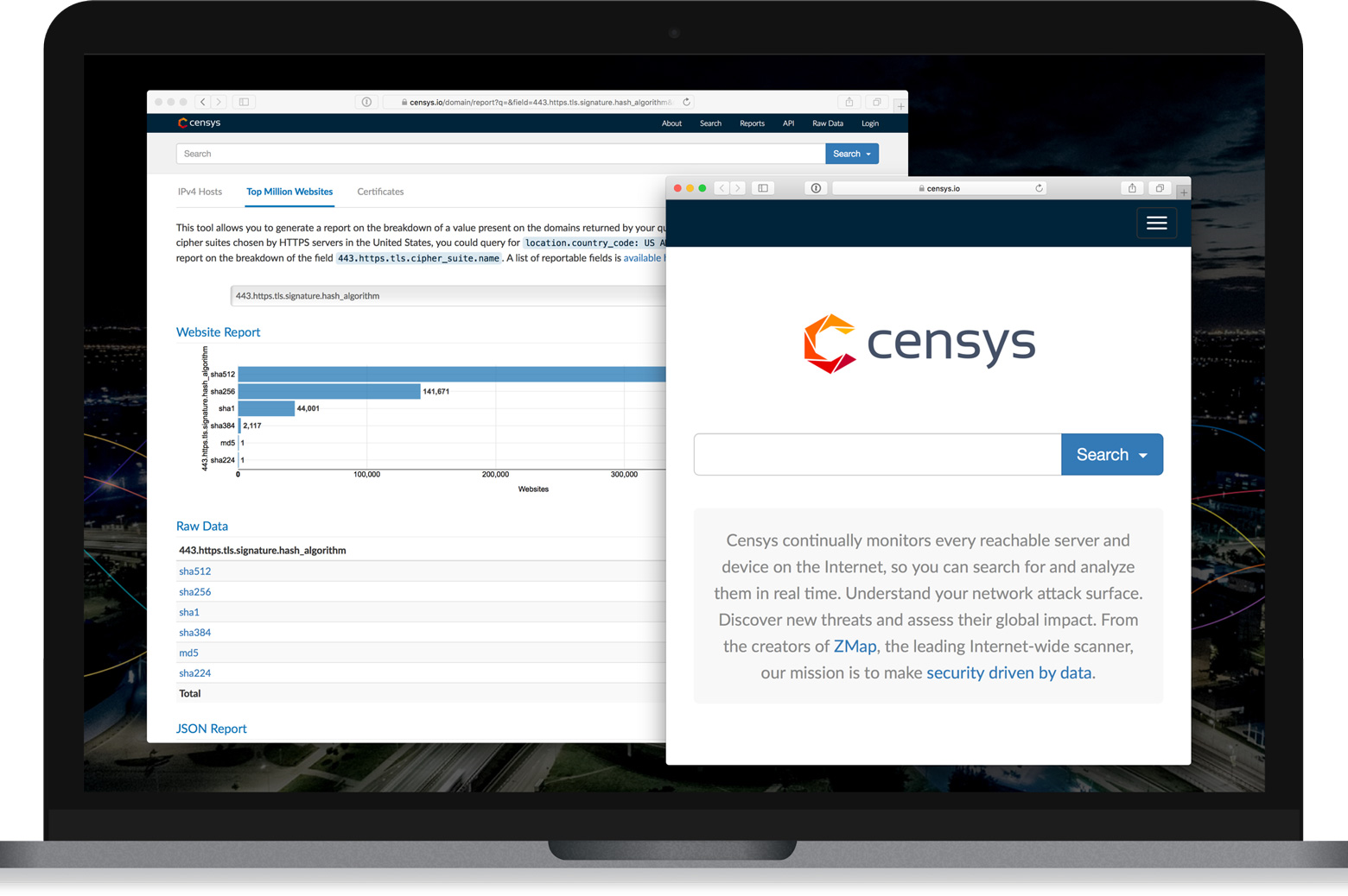 Screenshots of the Censys homepage and of a report generated with the tool