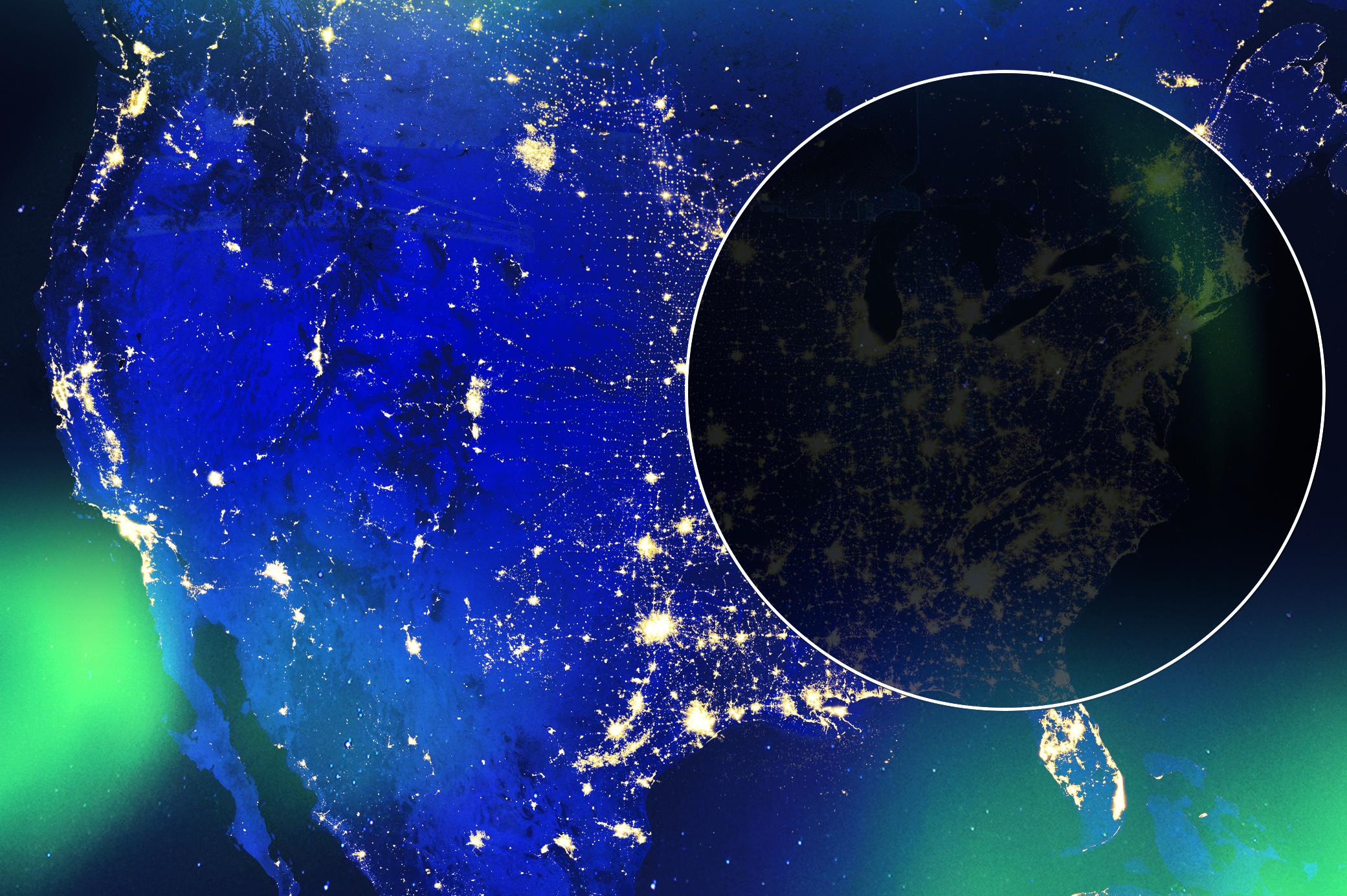 a graphic showing the united states lit up at night