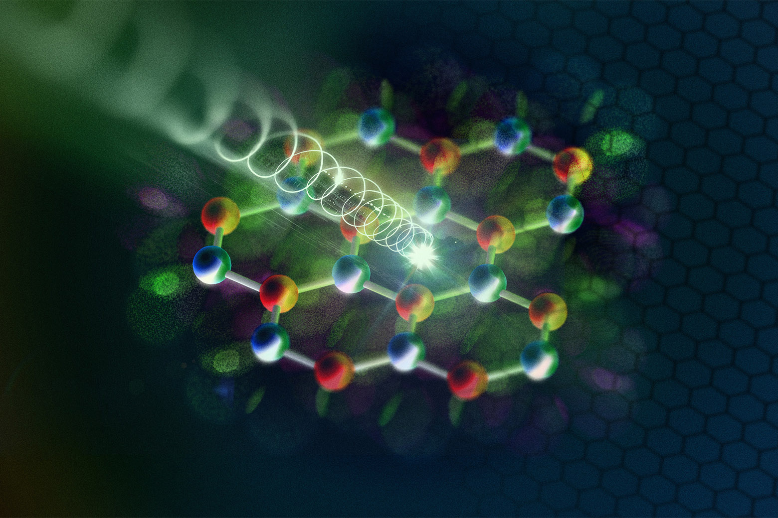 An artistic rendering of a hexagonal atomic lattice structure with a spiral pulse of light coming from the top left and hitting the center of the lattice.