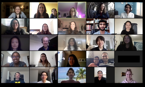 A screenshot of student and faculty participants in a Zoom video chat grid