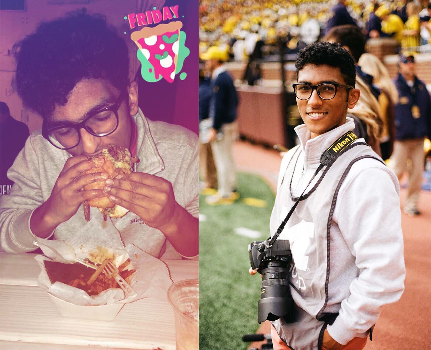 Tejas Harith eating (left image) and on the field in the Big House on game day as a photographer