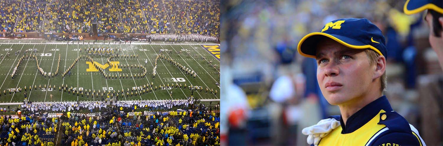 Michigan Marching Band NASA formation (left image) and Jack Wisbiski in his band uniform in the Big House on gameday (right)