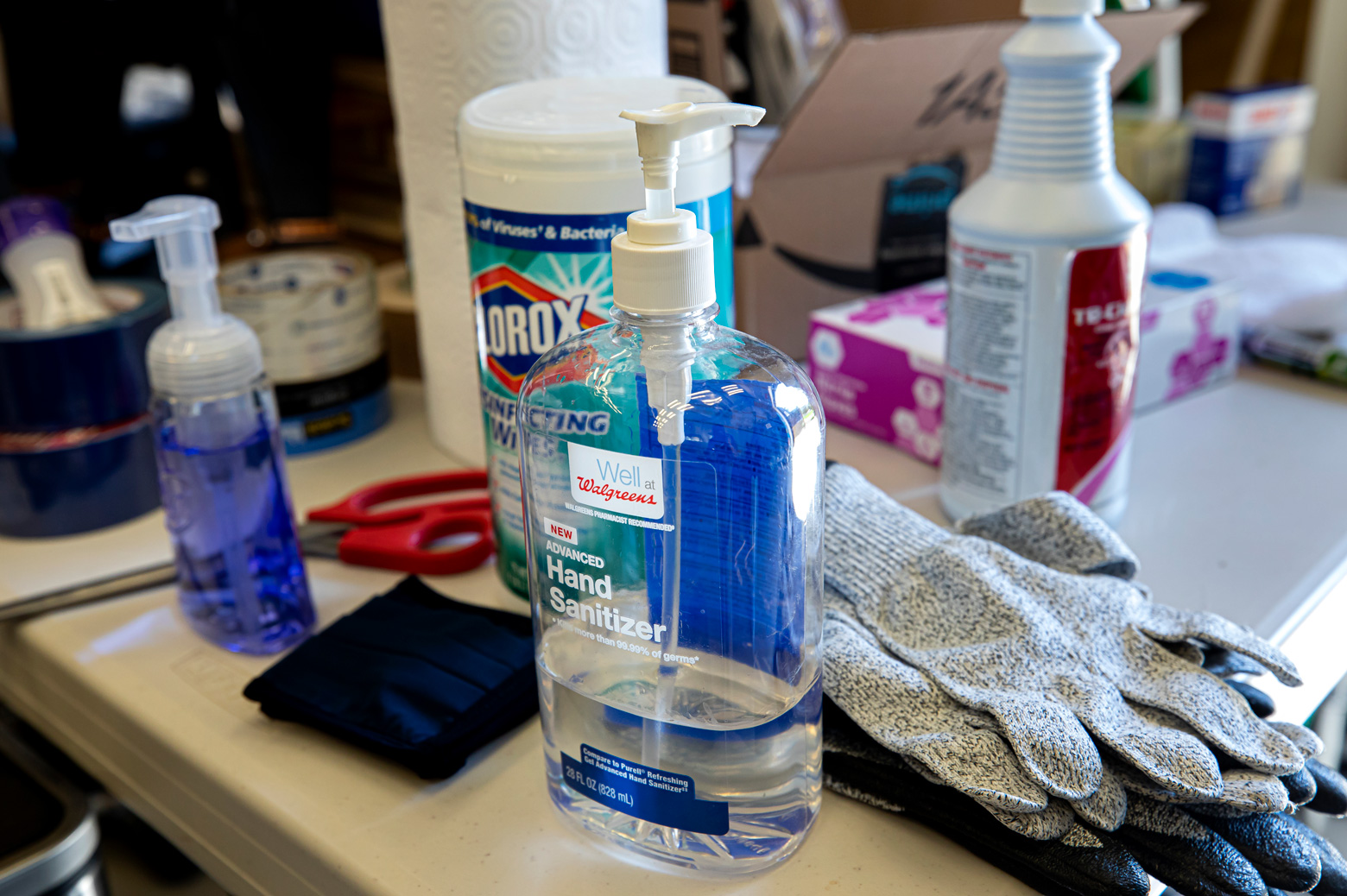 Hand sanitizer and other cleaning products in the lab of Jessy Grizzle, the Director of the Robotics Institute, on North Campus of the University of Michigan in Ann Arbor, MI on May 26, 2020.