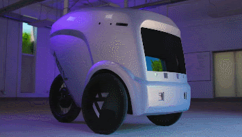 Gif of robo delivery vehicle delivering goods