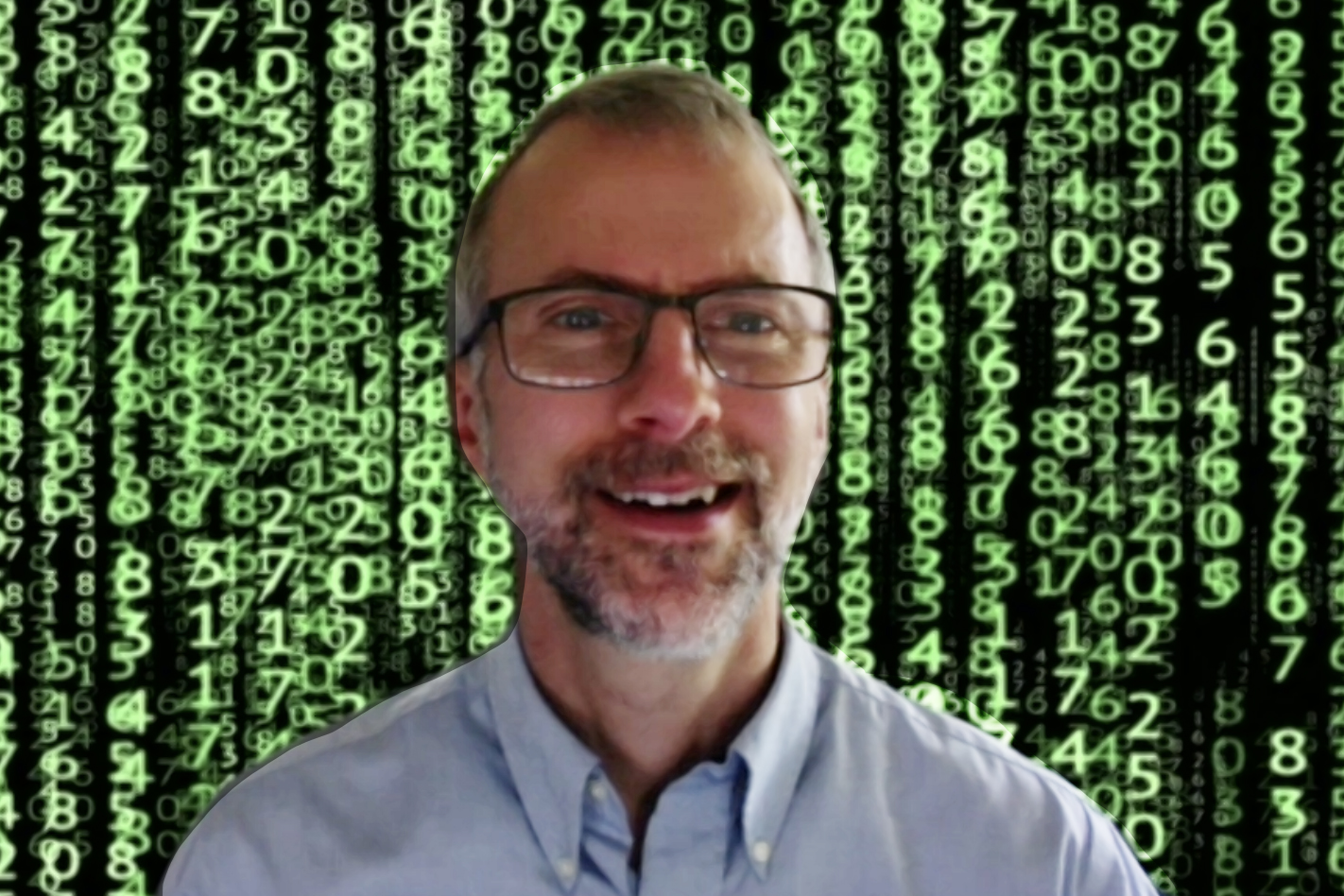Fessler in front of Matrix code background