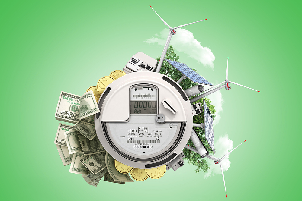 concept of energy saving the meter of electricity with solar panels and a windmill money dollar bills 3d render on green no shadow