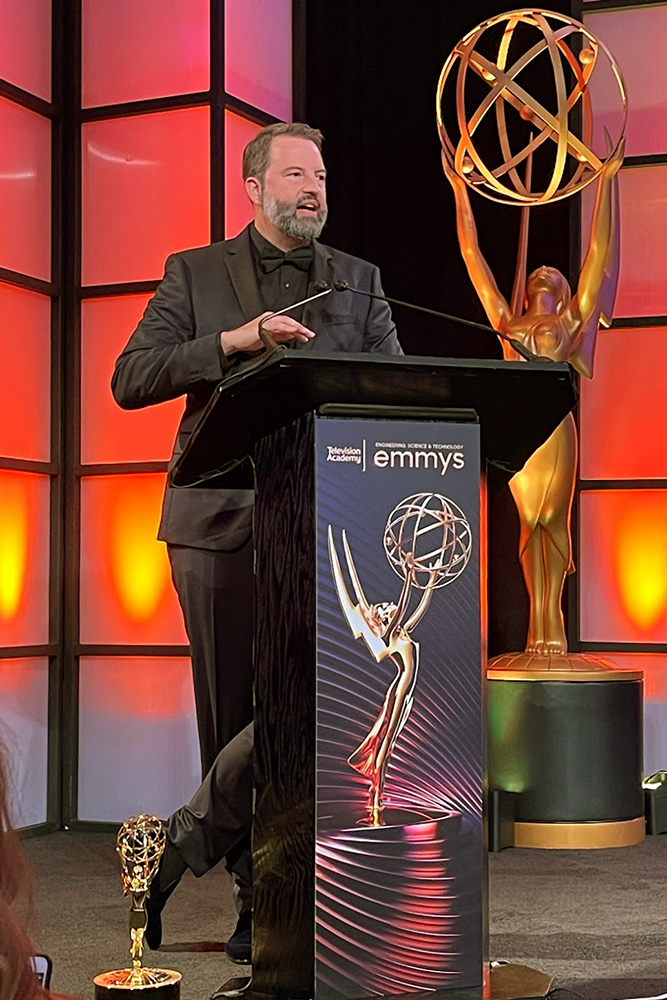Paul Debevec giving his acceptance speech at the 2022 Emmy Awards