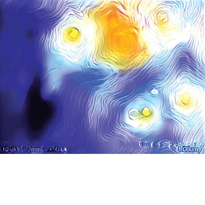 Scanning Electronic Microscope photo of the GaN epitaxial surface, which resembles van Gogh's "Starry Night" painting with similar yellow and blue colors and a wavy look