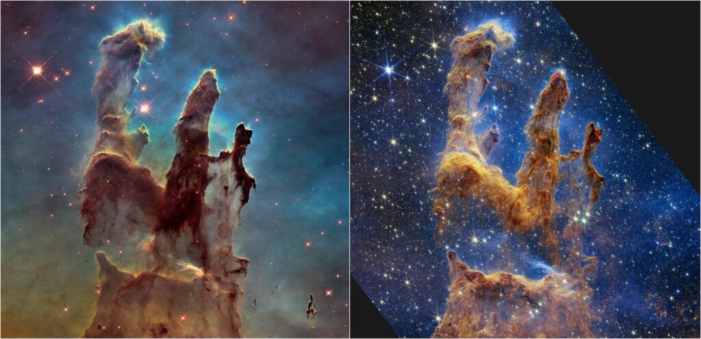 Two images of the Pillars of Creation, a star-forming region in space. At left, Hubble’s visible-light view shows darker pillars that rise from the bottom to the top of the screen, ending in three points. The background is opaque, set off in yellow and green toward the bottom and blue and purple at the top. A handful of stars of various sizes appear.