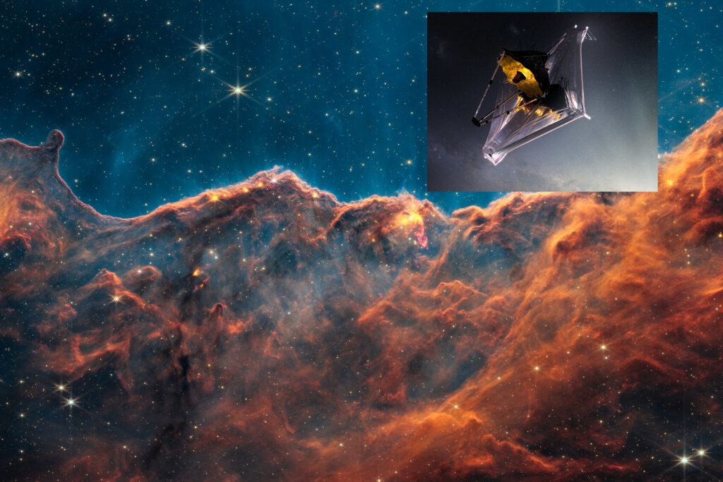 Artist conception of the JWST over an image of the Carina Nebula