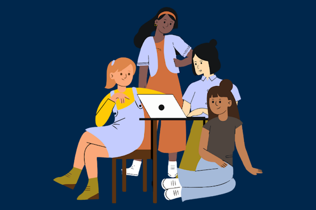 Illustrated graphic of four diverse women seated around a table with a computer