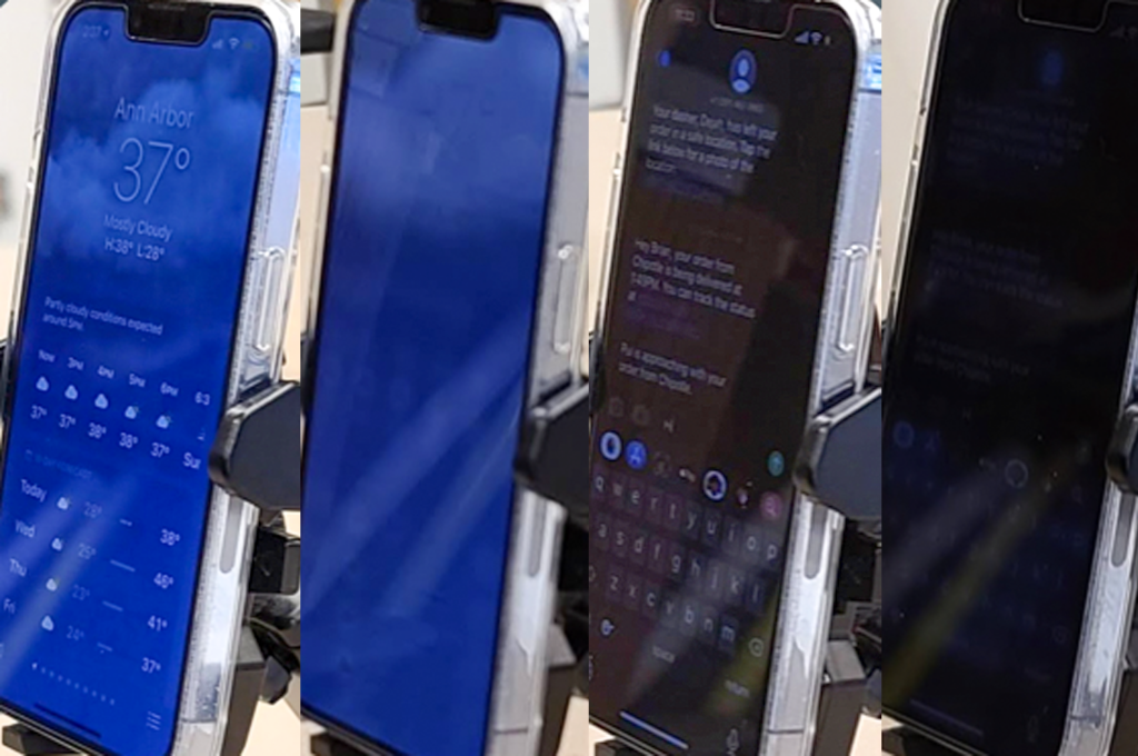 Comparison of four phone screens viewed from an angle. Two are normal/unprotected. Two are with Eye-Shield deployed - the text/images are so blurry as to be indecipherable. 