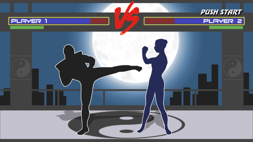 A generic representation of a 2D fighting game. Characters are represented by blank silhouettes.
