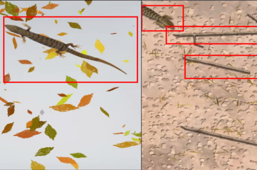 Side-by-side images of lizards against different background with various objects (leaves and sticks) with the lizards selected with boxes by the computer vision program.