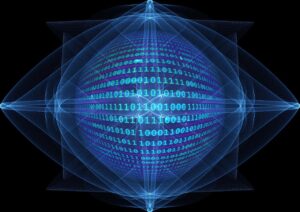 Abstract illustration of a bright blue sphere against a black background with binary code covering it
