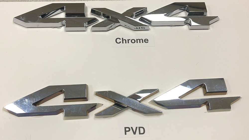two car icons reading "4x4", one is the traditional chrome finish and the other is Guo's alternative, which have identical looking silver shine