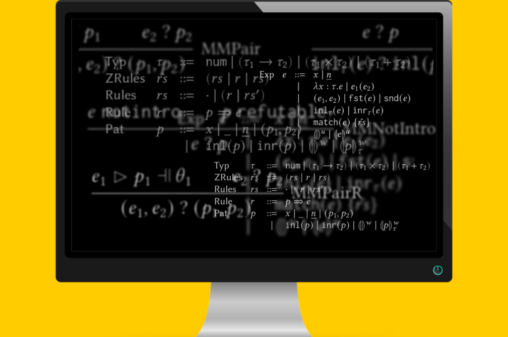 A computer screen against a maize background with overlapping programming text showing the syntax of Peanut as well as examples of pattern matching with holes.