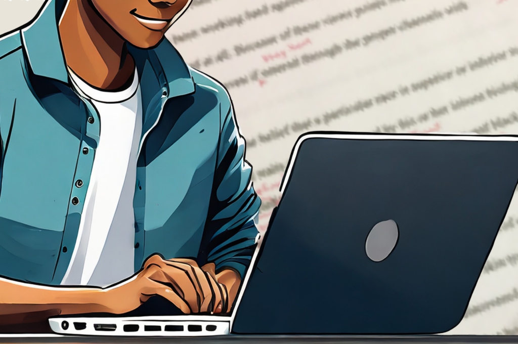 Illustration of a student typing on a laptop with an essay with edit marks in the background. Image generated with Adobe Firefly.