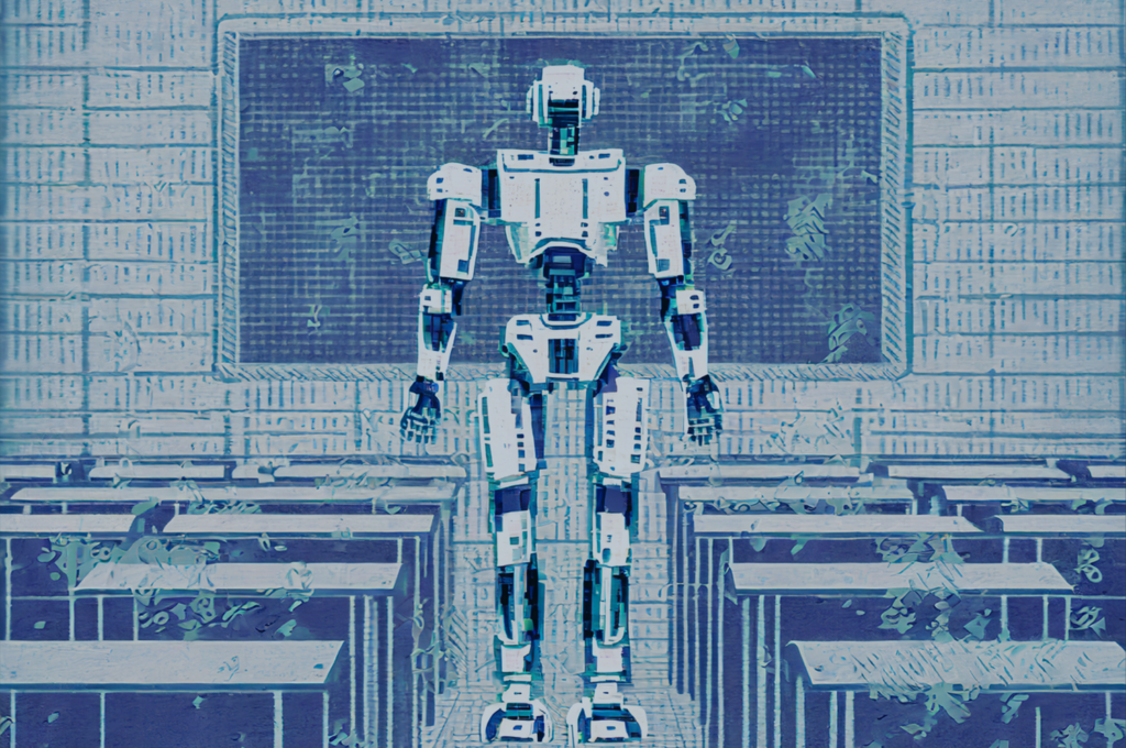 A stylized grey-blue illustration of a robot standing at the front of a classroom.