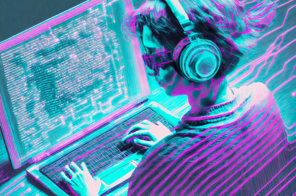 Blue and neon purple illustration featuring an over-the-shoulder view of a young person with headphones typing on a computer. Image generated with Adobe Firefly.