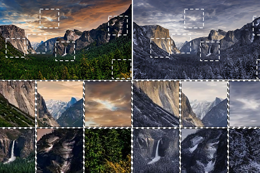 Side-by-side images of a mountain landscape, with certain features (e.g., waterfall, valley, break in clouds, etc.) marked with small dotted-line boxes. 