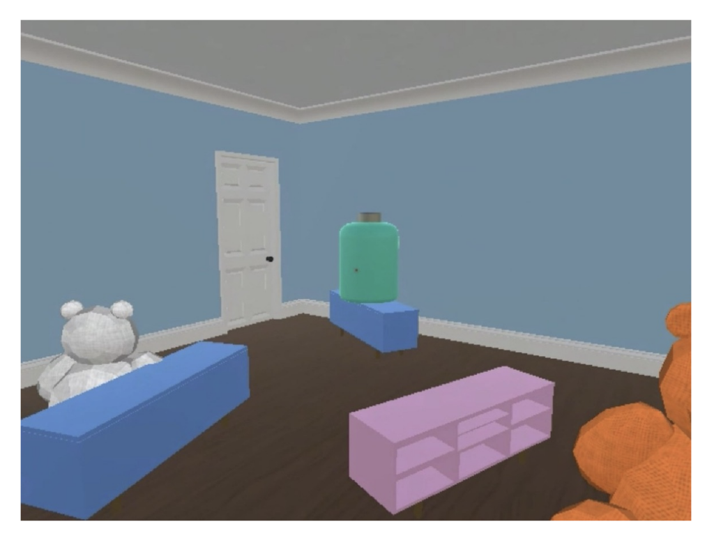 A 3D rendering of a room with various objects in it, including a jug-like cylinder, a teddy bear-shaped object, and a horizontal, rectangular shelf.