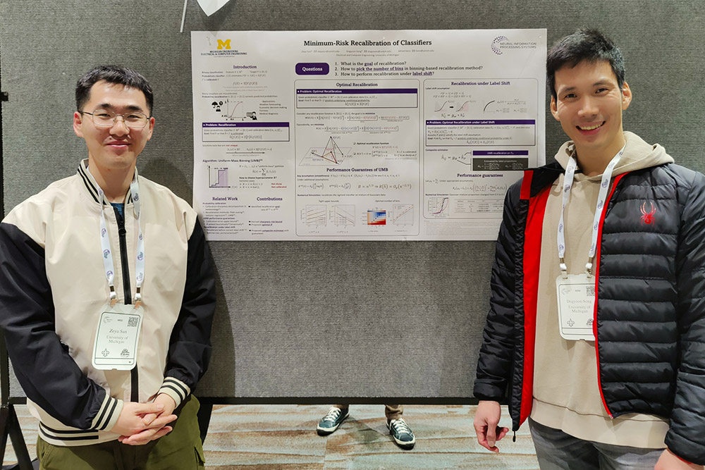 image of Zeyu (left) and Dogyoon (Right) in front of the team's NeurIPS Spotlight poster