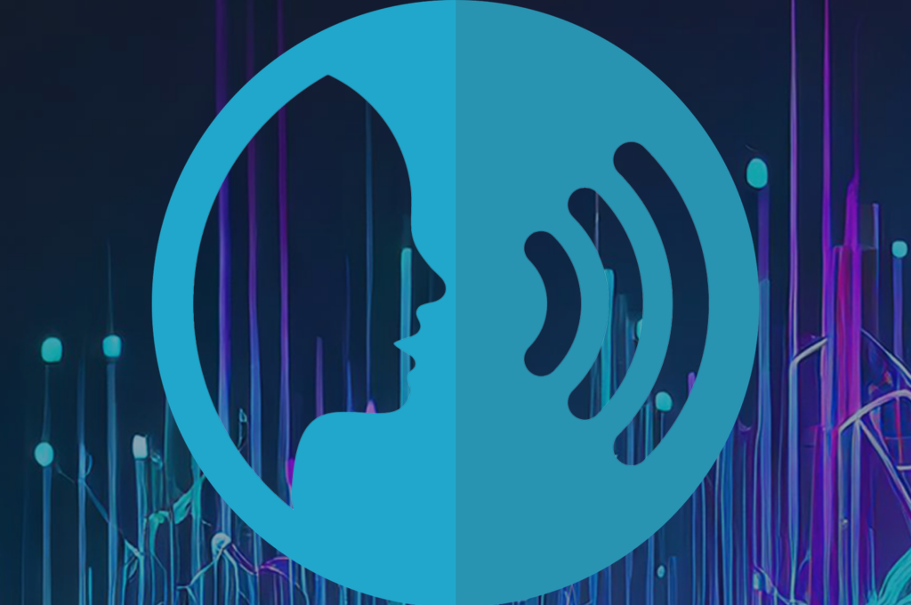 Round blue logo with a silhouette of side profile of a person's face on the left and on the right are three curved bars of increasing size, indicating that the person is speaking.