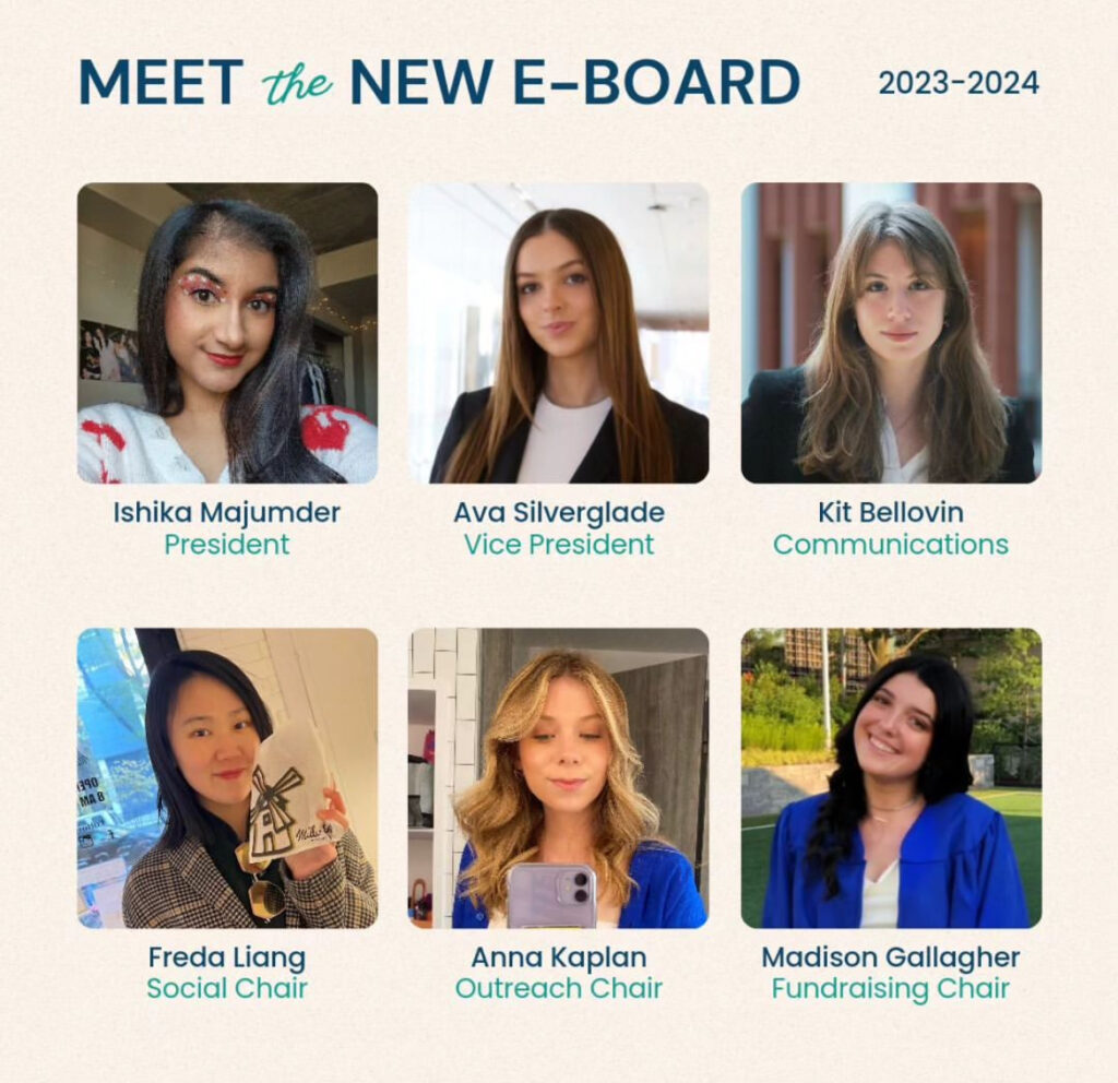 A graphic with a grid of photos of the Girls Who Code Executive Board. Heading reads "Meet the new e-board, 2023-2024"