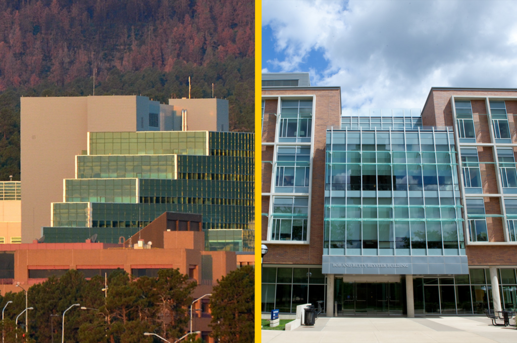 Two side-by-side images of research facilities separated by a yellow line.