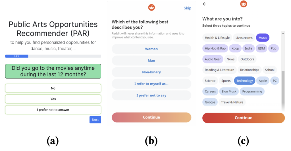 Three side-by-side cell phone screenshots. On the left is a survey asking users about public arts opportunities; the middle is a gender identification survey from Reddit; on the right is another Reddit survey asking users to select topics of interest.