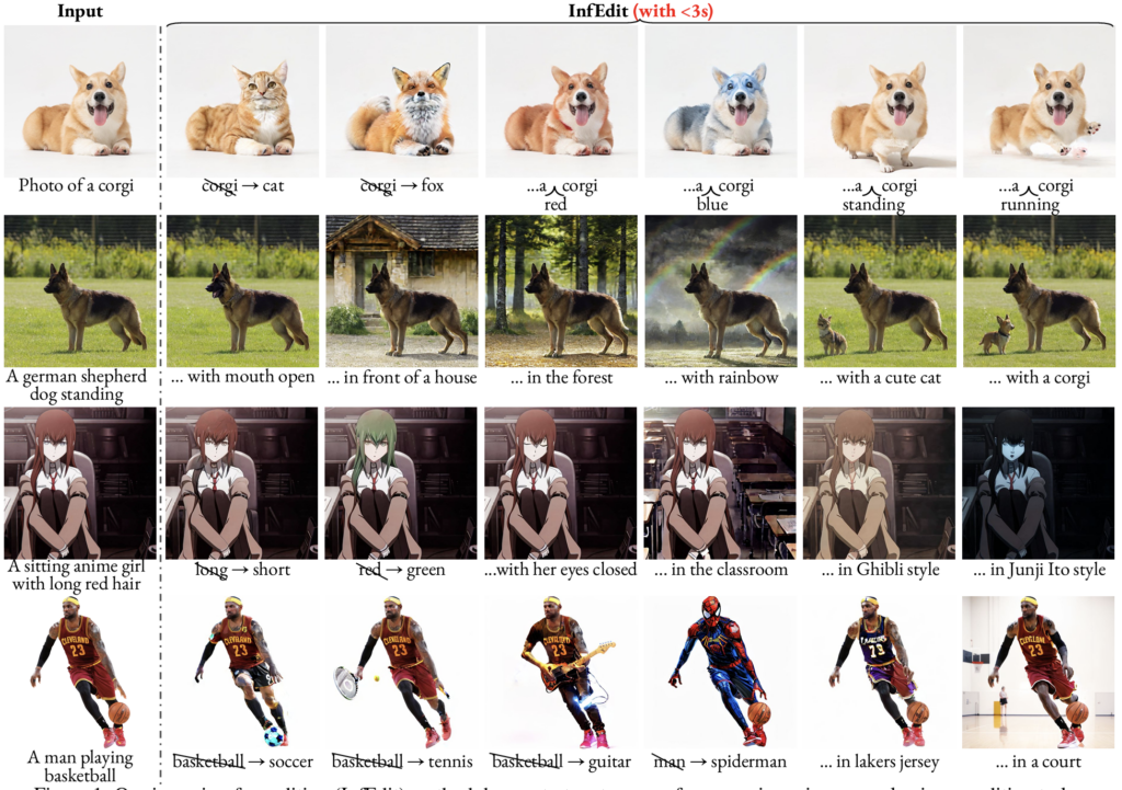 A grid of four images and several edited versions of them showing InfEdit's text-based editing abilities. For instance, the first row of images starts with a photo of a corgi. The various edits include a blue corgi, a playing corgi, a fox, and more.