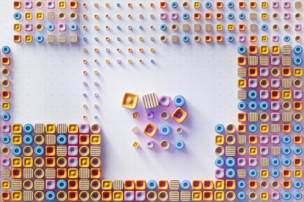 An artist’s illustration of the role of artificial intelligence in computer optimization for reduced energy consumption. Square and circle blocks of various sizes and colors are arranged on a white grid. Created by Linus Zoll.