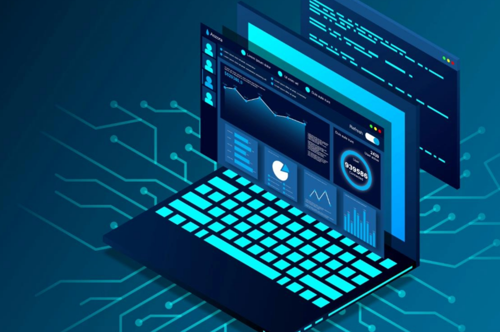 An abstract teal illustration of a laptop computer with a superimposed screen with graphs and tables on it. 