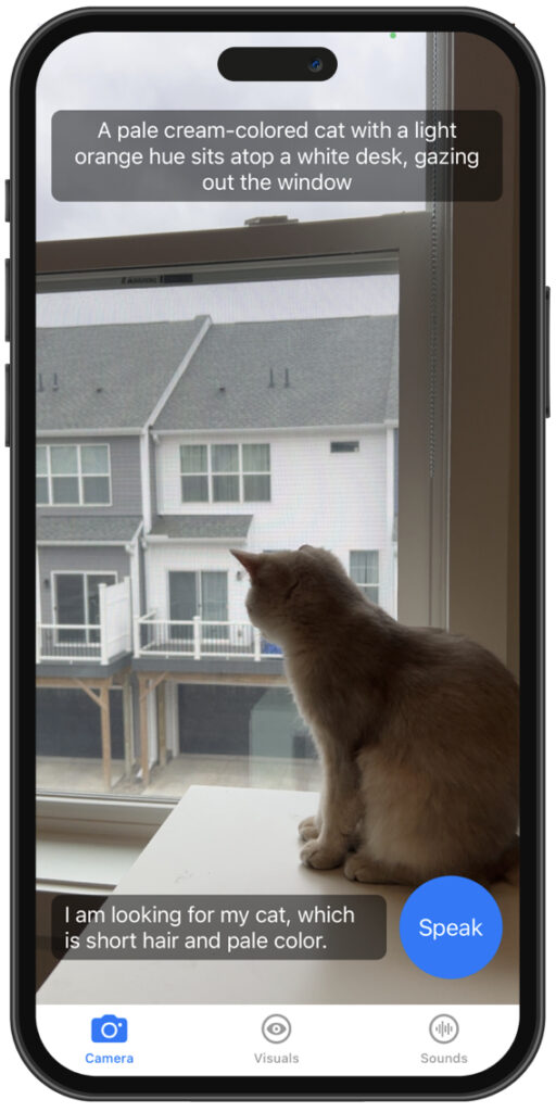 A mobile phone screen with an image of a cat looking out of a window. Text is overlaid describing the scene.