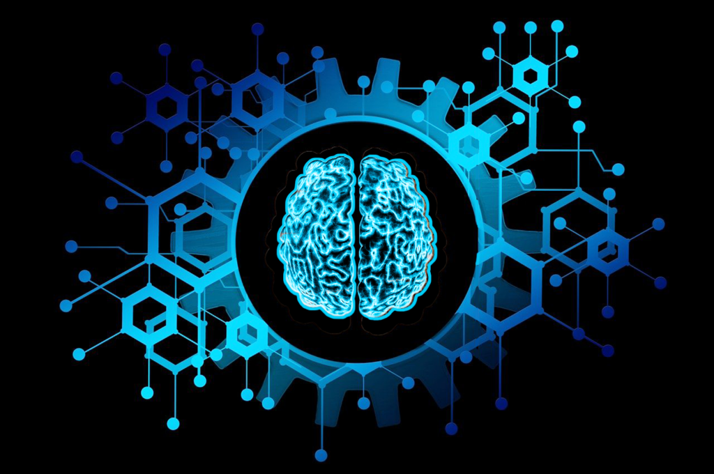 Outline of a brain in neon blue surround by hexagons and nodes against a black background.