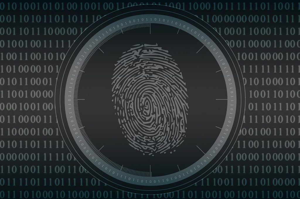 A grayscale illustration of a fingerprint outline with binary code in the background.