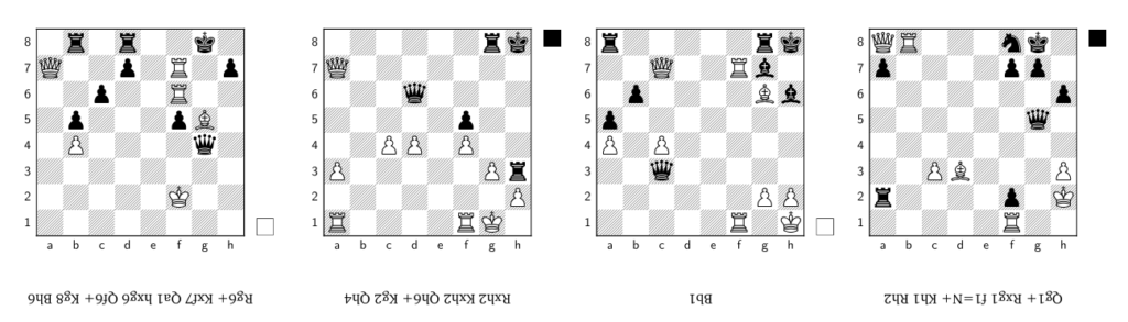 Four black-and-white chess diagrams display creative puzzles with counter-intuitive solutions and upside-down move sequences.